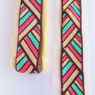Beige Net With Beige, Pink, Green And Brown Embroidery